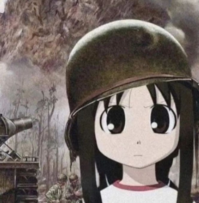 An anime-style chibi girl wearing an olive drab military helmet stands in front of a war-torn battlefield with soldiers and artillery visible behind her. The juxtaposition of the cute character with the somber military backdrop humorously contrasts with the post's reference to green-ticking cryptocurrencies like XPL, Chainlink, ZEC, and XMR, suggesting "green" gains amid the market chaos.