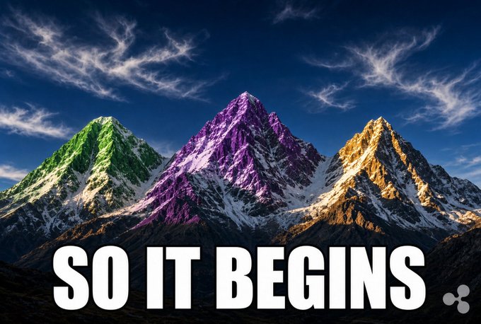 A digitally-altered landscape shows three snow-capped mountains—one green, one purple, and one gold—under a dramatic blue sky, with bold white text reading "SO IT BEGINS" overlaid across the bottom. The image pairs with the post's extravagant prediction of XRP reaching $30K–$40K by 2028, using the three colorful peaks as a visual metaphor for the increasingly ambitious price targets the author is hinting at.