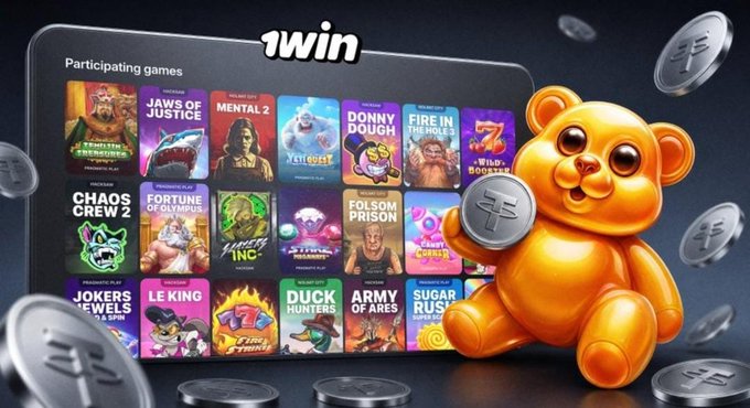 A promotional image for a gaming platform called '1win' showing a tablet displaying various participating games including Jaws of Justice, Mental 2, Yeti Quest, and others, alongside a golden bear mascot holding a coin.