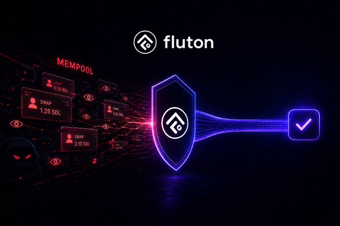 A dark graphic for 'fluton' showing a glowing blue shield protecting against red 'MEMPOOL' swap transactions, with a checkmark icon on the right.