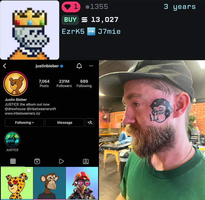 A composite image featuring an NFT listing (#1355 by EzrK5 bought for 13,027 by J7mie), Justin Bieber's Instagram profile (@justinbieber with 231M followers), and a bearded man wearing a cap with a face tattoo of a stylized figure.
