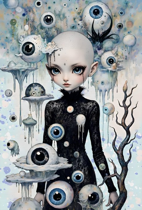 A haunting, surreal portrait of a pale, bald figure with oversized blue eyes surrounded by floating eyeballs and dripping organic forms, rendered in a melancholic blue and black palette that evokes themes of vision and introspection fitting the title "Eyes." The artwork serves as a striking visual for the collaborative AI art piece listed on the Tezos marketplace.