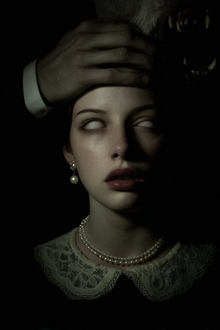 A dark, gothic portrait of a pale woman with white eyes, pearl jewelry, and a lace collar, with a hand resting on her head and a monstrous creature partially visible in the shadows.