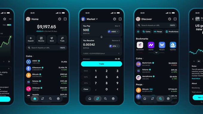 A series of mobile phone screens displaying a cryptocurrency trading app interface showing screens for Home ($9,197.65 portfolio), Market (USDC trade), and Discover (bookmarks and coins like BankrCoin and Solara).
