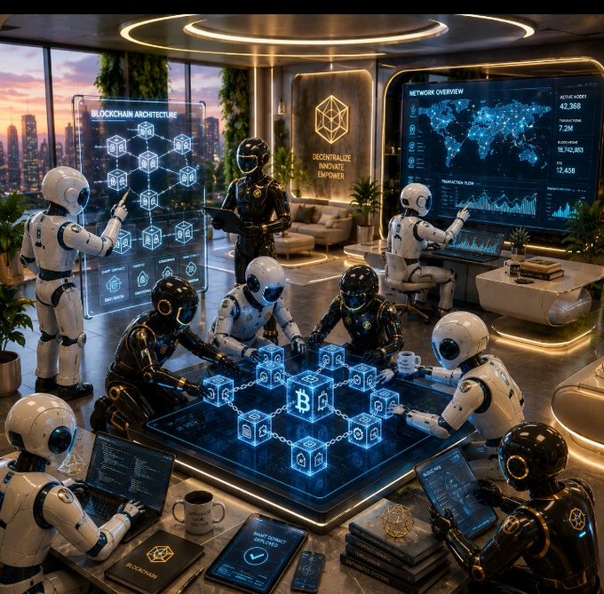 A futuristic blockchain-themed scene features robots in white and gold working on a holographic 'BLOCKCHAIN ARCHITECTURE' display with a world map showing 'NETWORK OVERVIEW' statistics.
