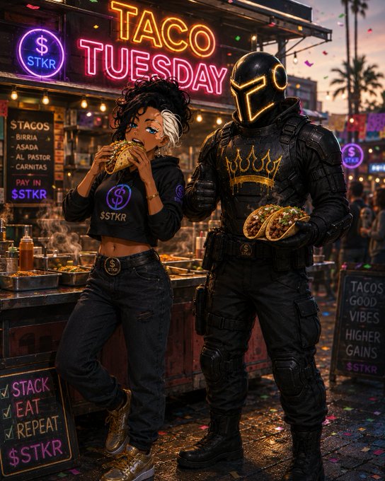 The image shows a woman eating a taco and a helmeted figure in tactical gear holding two tacos at a vibrant "TACO TUESDAY" stand, with neon signs reading "$STKR" and a chalkboard listing "STACK ✓ EAT ✓ REPEAT $STKR." It visually matches the caption's playful Taco Tuesday scene where the "$TKR" buddy shows up unannounced and tells her to "Eat..then we stack," reinforcing the crypto lifestyle vibe of stacking while enjoying good food.