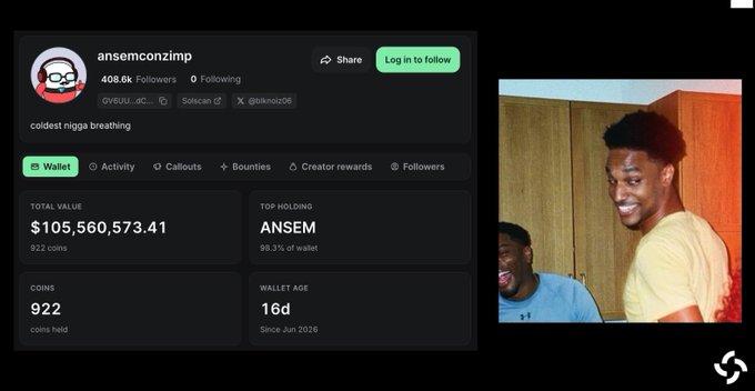 The image shows a screenshot of a crypto tracking profile for "ansemconzimp" displaying a total wallet value of $105,560,573.41 across 922 coins, with ANSEM noted as the top holding at 98.3% of the wallet. Alongside the wallet data is a photo of a smiling young man, visually confirming the post's announcement that Ansem's (@blknoiz06) public Pumpfun wallet has surpassed $100 million in value.