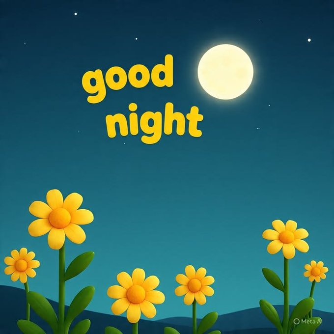 A cartoon night scene features yellow flowers in the foreground, a full moon, and the text 'good night' in yellow lettering against a dark blue sky, with a 'Meta AI' logo in the corner.