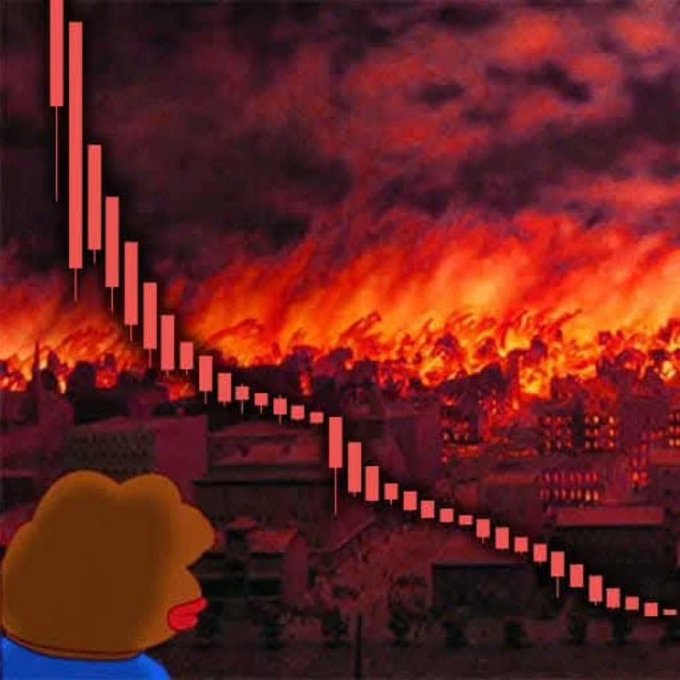 A meme showing a red descending candlestick chart overlaid on a burning city landscape, with a cartoon character watching from the bottom left corner.
