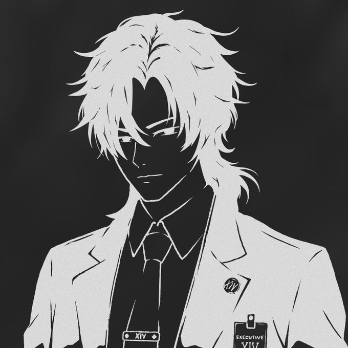 A stylized high-contrast black-and-white anime-style portrait of a white-haired young man wearing a white lab coat with an ID badge reading "EXECUTIVE VIV" and a tie clip marked "XIV." The artwork complements the "Gm NFTs" post as a striking profile-picture-style NFT avatar piece.