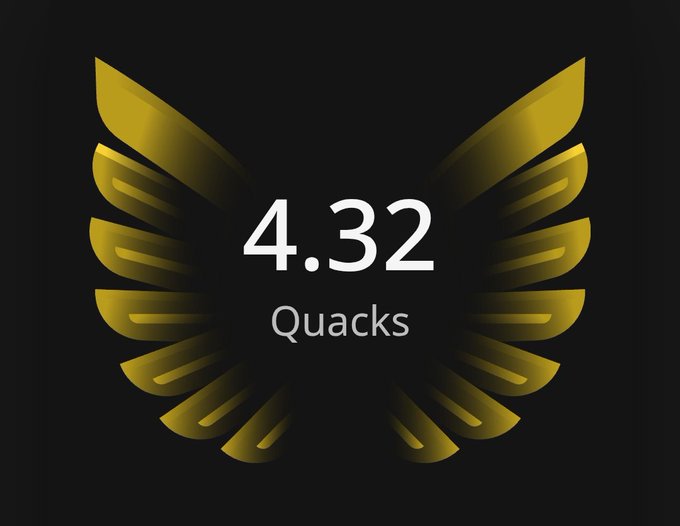 The image features a logo with a yellow and gold wing design on a black background. The phrase "4.32 Quacks" is written below the winged design, and another message that reads "How can @wallchain satisfy big creators, small creators and also the project? Reject every $10,000 campaign? Create an lb and give 100 creators $100 each after 30 days of posting? Create an lb and give top 50 creators $200 each?". The layout suggests this logo could be associated with a contest or campaign related to the @wallchain project.