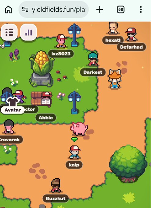 A screenshot of a pixel art multiplayer online game on yieldfields.fun/playing, showing various player avatars with usernames like "hexatl," "Defarhad," "Darkest," "kalp," and "Buzzkut" in a grassy environment.