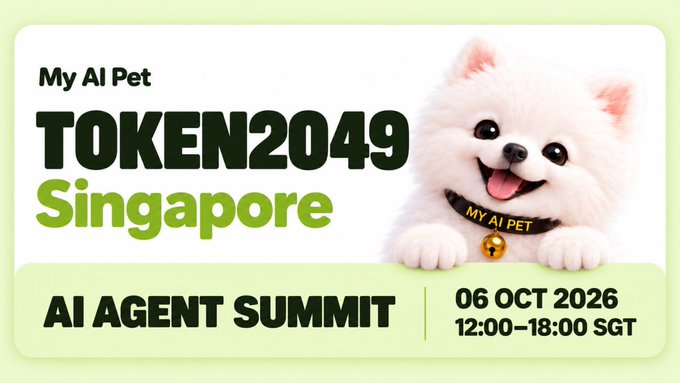 A cute white fluffy dog mascot wearing a "MY AI PET" collar bell is featured alongside event details for TOKEN2049 Singapore's AI Agent Summit on December 06, 2026 (12:00–18:00 SGT), promoting My AI Pet's attendance at the conference where discussions focus on AI agents accessing services, making payments, and taking action in the real world.