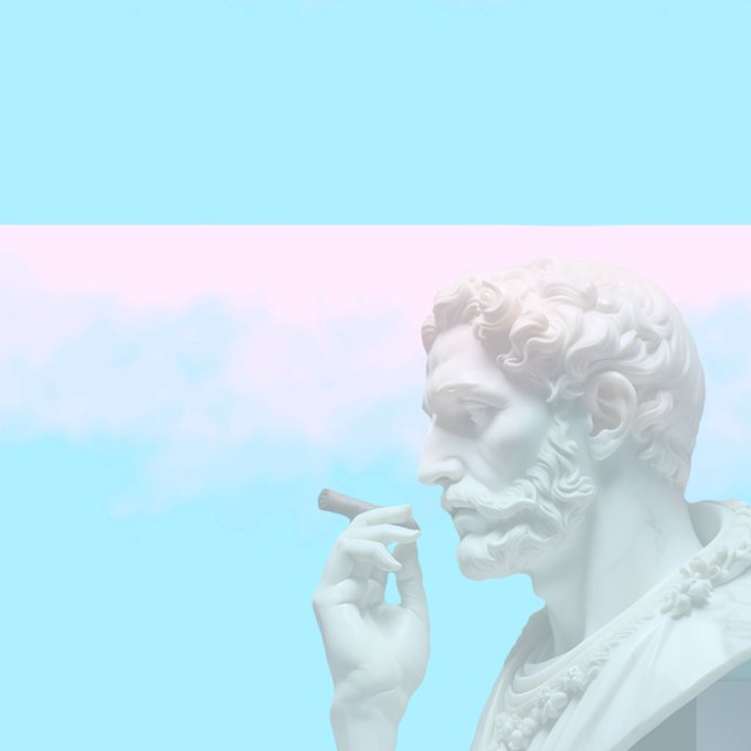 A white marble bust sculpture of a bearded man holding a cigarette to his lips, set against a pastel blue and pink sky background with soft clouds.