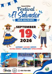 A flyer for the 'Festival El Salvador' happening 'SEPTEMBER 19, 2026' at Gateway 5, San Salvador, with cartoon figures in traditional dress.