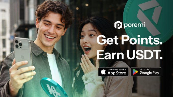 A promotional image for the 'poremi' app showing a couple reacting in surprise, with the tagline 'Get Points. Earn USDT' and download buttons for the App Store and Google Play.