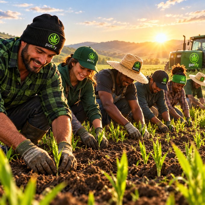 An AI-generated image of diverse farm workers planting crops in a field at sunset, all wearing hats with 'potify' logos and cannabis leaf symbols, with a green tractor in the background.