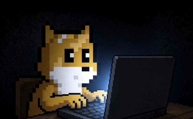 A pixelated Shiba Inu dog sits intently at a laptop in a dark room, illuminated by the screen's glow, capturing a "grinding" work session that mirrors the post's message of putting your head down and staying focused on a Friday.