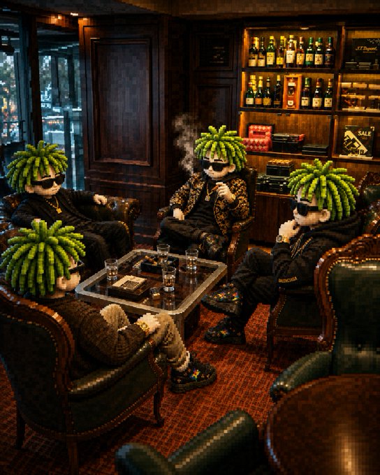 Four cats with green dreadlock-like hair, sunglasses, and gold chains sit in leather chairs around a glass table in a wood-paneled lounge filled with whiskey bottles.