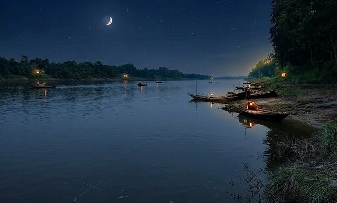 The image features a serene night scene with boats floating on a river under a dark sky. There are several boats visible in the water, some closer to the shoreline and others further away. The boats appear to be moored or anchored near a dock, possibly at a marina or a waterfront resort. In addition to the boats, there is also a person standing by one of them, likely enjoying the peaceful atmosphere or attending to their boat.
