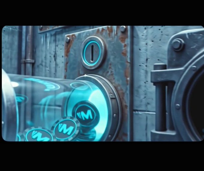 A close-up, stylized image showing a weathered metallic surface with a glowing blue circular slot and several glowing blue coin-like objects marked with an 'M' floating in front of it.