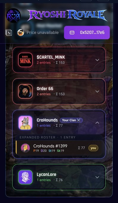 Ryoshi Royale interface displaying clan entries for $CARTEL_MINK, Order 55, CroHounds, and LycanLore, with the wallet address '0x5207...17e6' visible.
