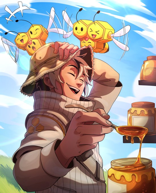An anime-style illustration of a smiling beekeeper character wearing a straw hat with cartoon bees, holding a spoonful of dripping honey.