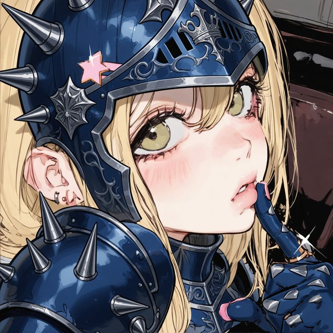 The image features a girl with blonde hair wearing a blue helmet, which has spikes on it. She is looking directly at the camera while making a peace sign gesture with her fingers. The caption of the image reads "Gm to everyone who believes in somETHING!".