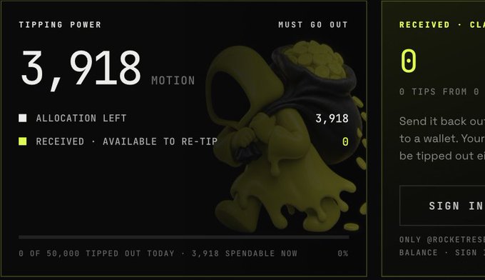 A dark dashboard interface displays "TIPPING POWER" with a "3,918 MOTION" balance, showing "ALLOCATION LEFT" and "RECEIVED · AVAILABLE TO RE-TIP" metrics at 0, alongside a "MUST GO OUT" section indicating 0 of 50,000 tipped out today. The post explains that the missing MOTION allocation is likely due to the 30-minute scoring cycle on @motiontip, reassuring users that a zero balance doesn't necessarily indicate an error.