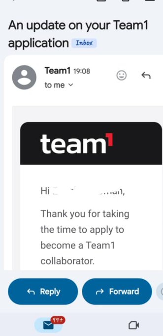 An email from Team1 in Gmail titled 'An update on your Team1 application' thanking the recipient for applying to become a Team1 collaborator.