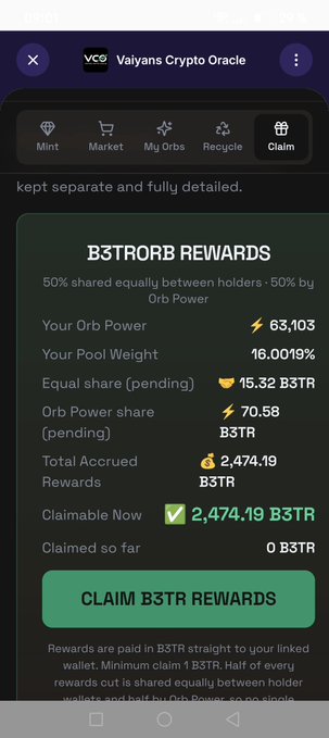 A screenshot of the 'Vaiyans Crypto Oracle' app showing 'B3TRORB REWARDS' with stats like Orb Power (63,103) and a Claimable Now amount of 2,474.19 B3TR above a green 'CLAIM B3TR REWARDS' button.