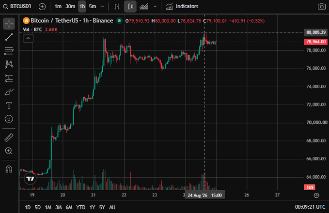 A Binance trading chart for BTCUSDT (Bitcoin / TetherUS) on a 1-hour timeframe, showing a current price of 79,100.93 and a price peak near 80,006.29.