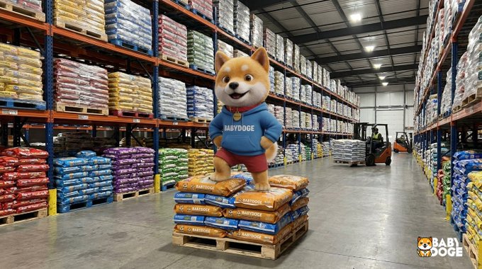 A cheerful Shiba Inu mascot wearing a blue "BABYDOGE" hoodie stands atop stacked bags of "BABYDOGE" pet food in a warehouse aisle, symbolizing the project's tangible, ongoing real-world mission of funding shelters regardless of market fluctuations.