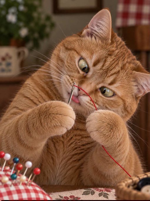 A whimsical photograph of an orange tabby cat licking a needle with red thread, sitting beside a red and white checkered pincushion.