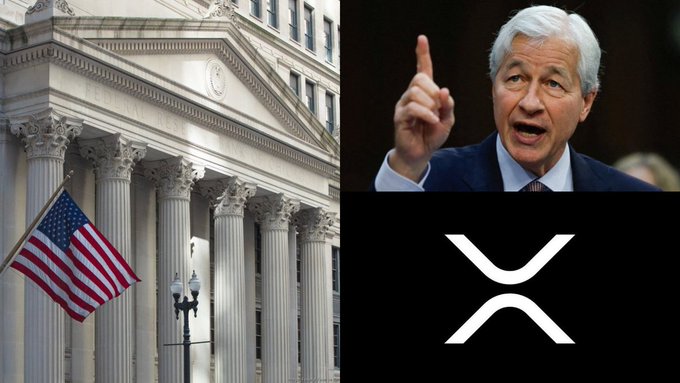 The image shows a composite featuring a U.S. government building with an American flag alongside JPMorgan Chase CEO Jamie Dimon gesturing emphatically, paired with the XRP cryptocurrency logo—all visually reinforcing the claim that U.S. banks have been approved to trade XRP, potentially unlocking access to the trillions held within the American banking system.