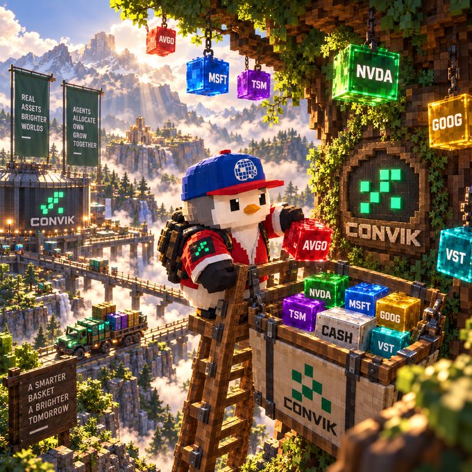 A vibrant Minecraft-style scene featuring a penguin character in a cap on a wooden ladder, surrounded by colorful blocks labeled with stock tickers AVGO, MSFT, TSM, NVDA, GOOG, VST, and CASH, with banners reading "REAL ASSETS BRIGHTER WORLDS" and "A SMARTER BASKET A BRIGHTER TOMORROW" alongside CONVIK branding.