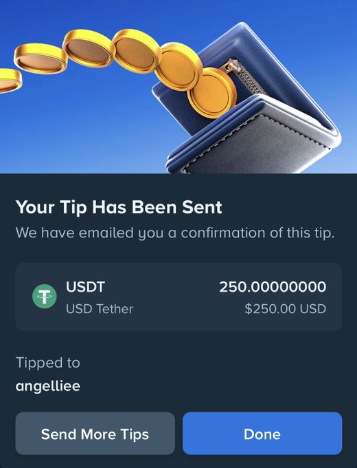 A confirmation screen showing a $250 USDT (250.00000000) tip successfully sent to user "angelliee," aligning with the post celebrating winners by demonstrating a crypto tip payout. The "Done" and "Send More Tips" buttons are visible at the bottom.