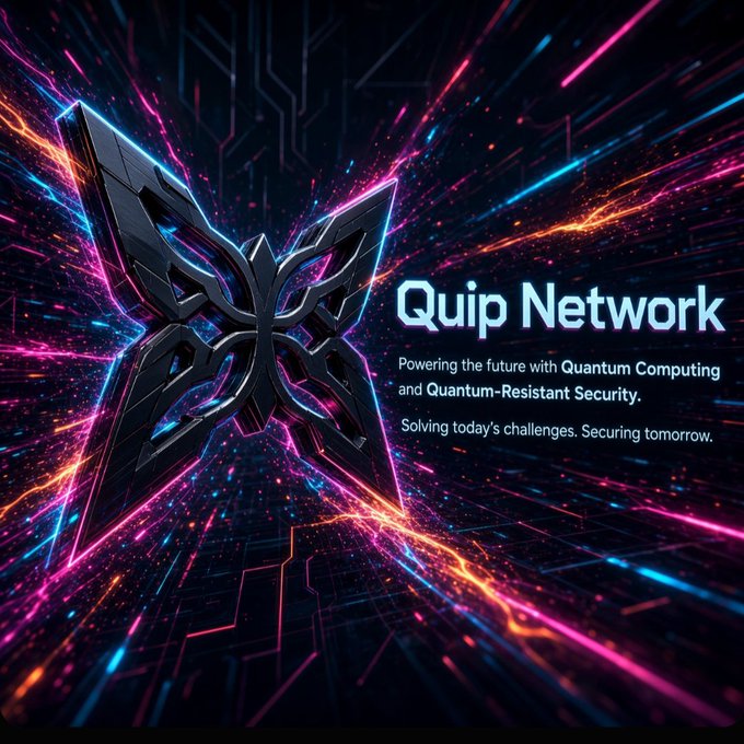 A promotional graphic for 'Quip Network' featuring a metallic logo against a neon-lit, futuristic background with text reading 'Powering the future with Quantum Computing and Quantum-Resistant Security.'