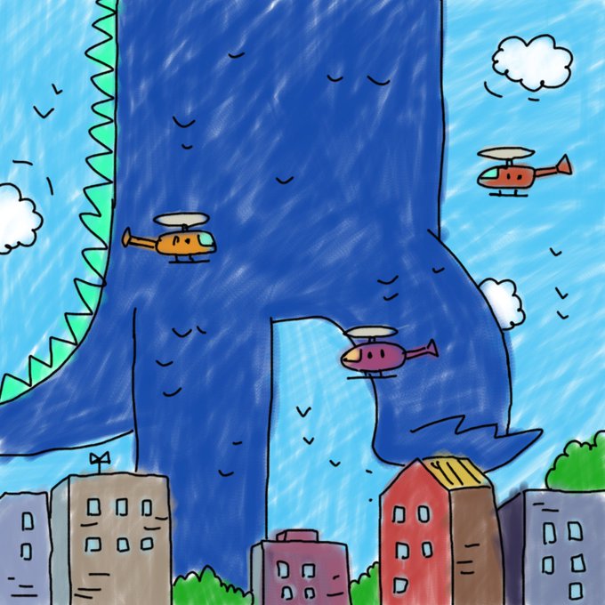 A colorful children's drawing shows a giant blue monster stomping over a city while two small helicopters fly around it.