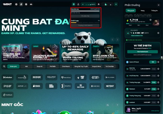 A screenshot of the MINT cryptocurrency website showing a VIP rewards program with daily rewards of up to 45%, featuring a panda mascot and various gaming brand logos.