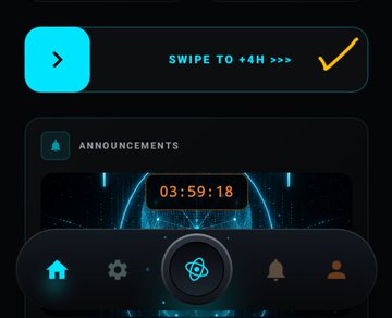 A dark app interface screenshot showing a 'SWIPE TO +4H' button, an 'ANNOUNCEMENTS' section with a countdown timer at 03:59:18, and a bottom navigation bar.