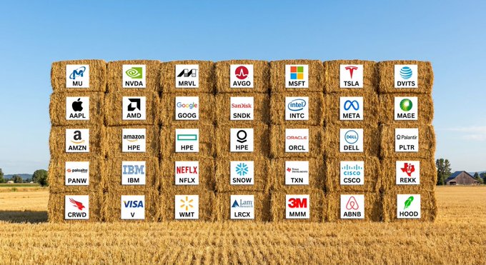 The image features a large collection of straw bales piled high, representing an array of different companies, logos or stock symbols from a Binance account. The bales are stacked haphazardly against each other with no discernible pattern or arrangement. They vary in size and color, creating a visual representation of the diverse portfolio within a Binance account.