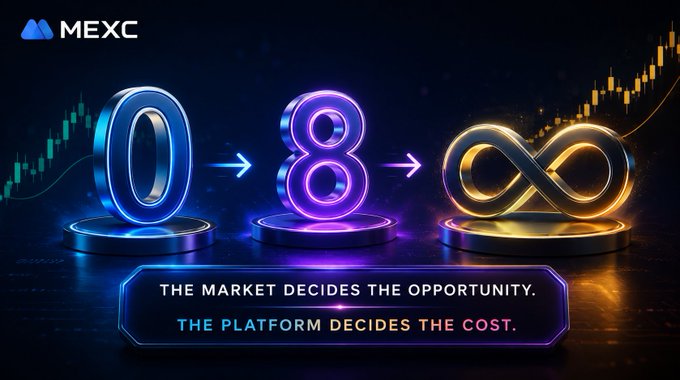 The MEXC image features a glowing progression of "0 → 8 → ∞" on illuminated platforms, with the tagline "The Market Decides the Opportunity. The Platform Decides the Cost."—visually reinforcing the accompanying post's message that the 08°08 milestone wasn't an endpoint but the start of unlimited growth.