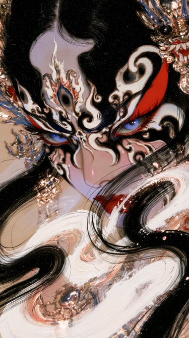 A stylized, ornate face mask with intricate black, white, and red patterns—reminiscent of traditional Japanese Kabuki or opera masks—emerges from swirling, fluid brushstrokes in dark and light tones. The image evokes the title "Enigma" through its mysterious, layered design, where the piercing eyes and decorative elements seem to dissolve into abstract, dreamlike currents, leaving the subject's true identity obscured and open to interpretation.