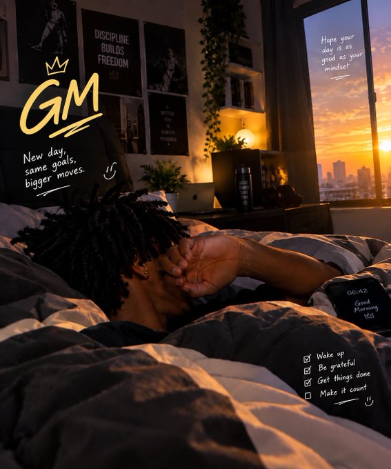 An aesthetic 'Good Morning' image showing a person with dreadlocks in bed at sunrise, with motivational text including 'GM', 'New day, same goals, bigger moves,' and a checklist of affirmations.