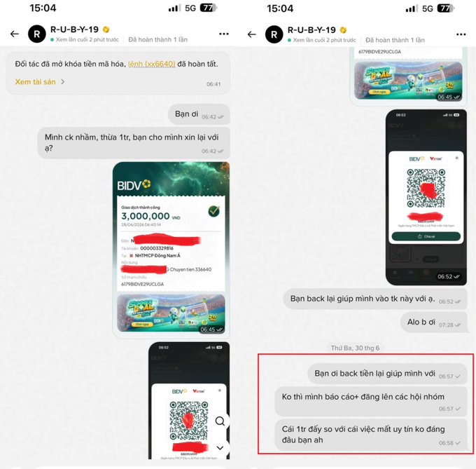 Screenshots of a Vietnamese Messenger conversation (R-U-B-Y-19) discussing a BIDV withdrawal of 3,000,000 VND, with the buyer requesting a refund and the seller reportedly blocking them, calling the situation a scam.