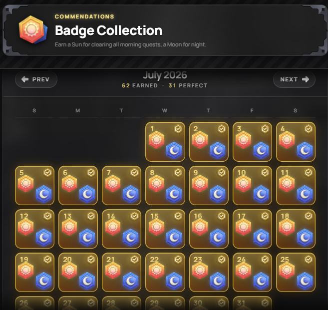 A video game interface showing a 'Badge Collection' calendar for July 2026, with 62 earned and 31 perfect, displaying sun and moon badges for each day.