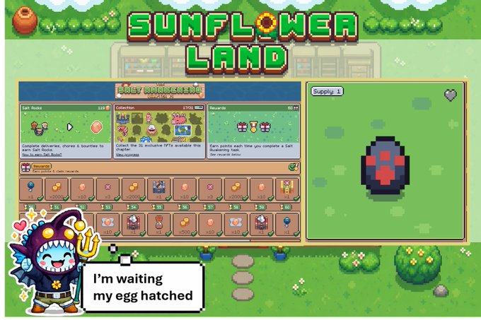 A screenshot from the game 'Sunflower Land' showing a daily achievement task interface, a supply egg, and a cute character mascot saying 'I'm waiting my egg hatched'.