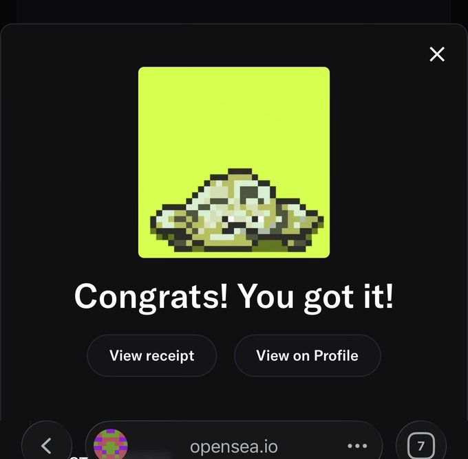 The image shows a pop-up notification on opensea.io with pixel art of a mushroom hat and the text "Congrats! You got it!", along with buttons to "View receipt" and "View on Profile," indicating a successful NFT mint for the Tadaverse collection in the RetailShrooms project.