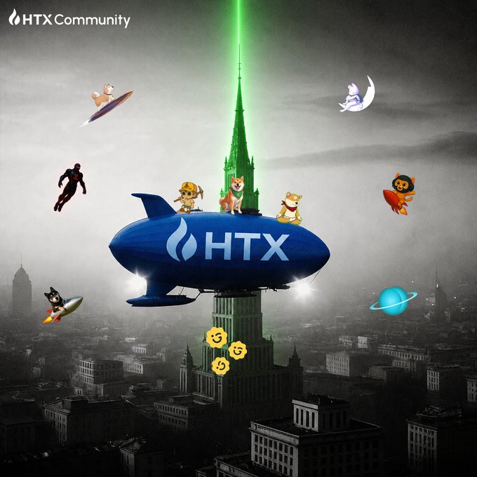 A blue blimp branded with "HTX" floats over a cityscape, with a green laser beam shooting upward from its rooftop past cartoon characters (a dog, cat, monkey, and other animals on rockets), with the "HTXCommunity" logo in the top-left corner—visually echoing the post's request to send $MANYU soaring toward the HTX spacecraft.